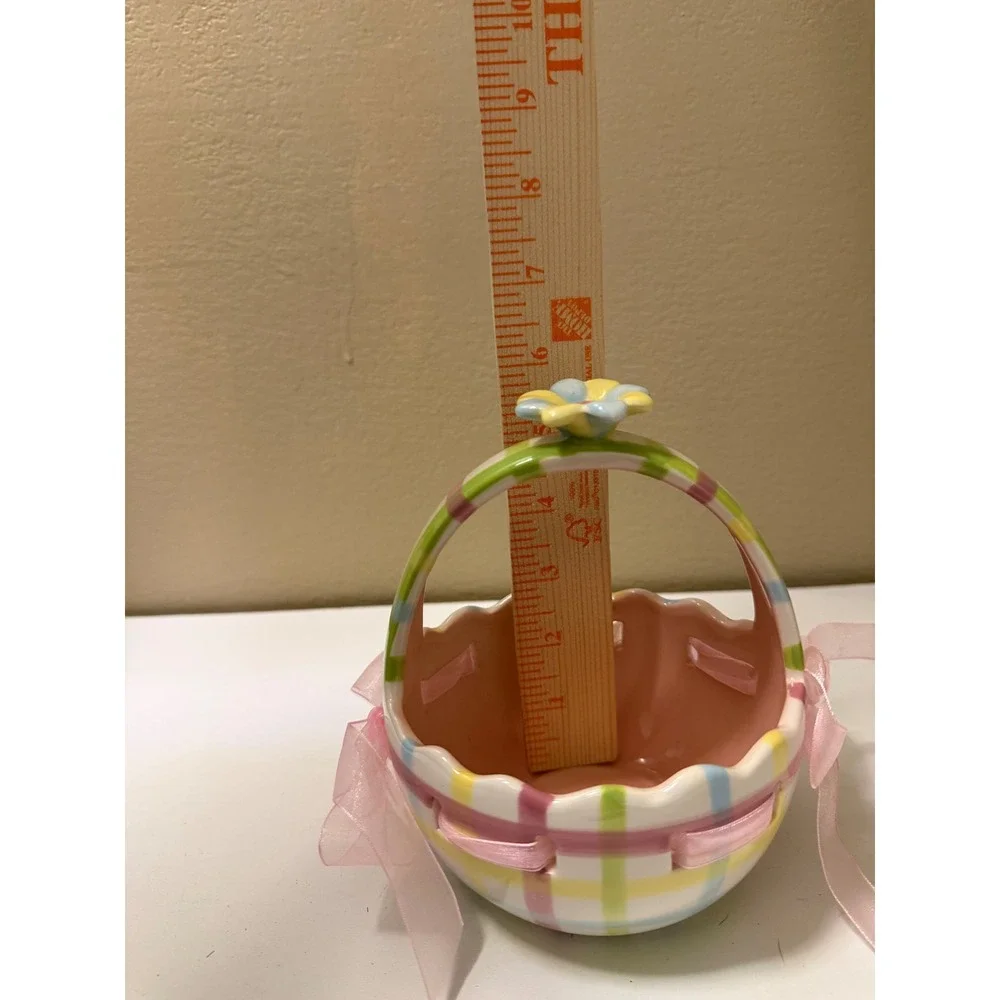 INT. Ceramic Easter Basket Pastel Plaid Pink Ribbon Flower Handle Spring Decor